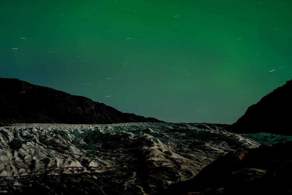 Night Landscape Photographs of Climate Change in Greenland: Glacier Looking up Ice Sheet
