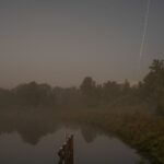 Sites at Risk of Climate Change: Night Landscape Photographs in The Netherlands, Steve Giovinco, Nieuw Land National Park, Locks in Fog with Plane Light in Sky, Frevoland