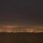 Sites at Risk of Climate Change: Night Landscape Photographs in The Netherlands, Steve Giovinco, Eerie Wind Farm Sustainable Energy with Strange Yellow Glowing Light Fryslan, Flevoland
