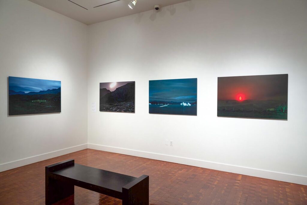Arctic Edge, Photography Exhibition at Scandinavia House NYC, Night Landscape Photos of Greenland, By Steve Giovinco in Gallery Space with Bench