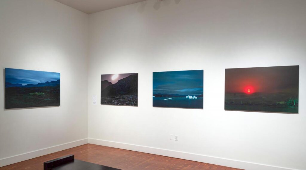Arctic Edge, Photography Exhibition at Scandinavia House NYC, Night Landscape Photos of Greenland, By Steve Giovinco in Space. Installation photo by Eileen Travell.